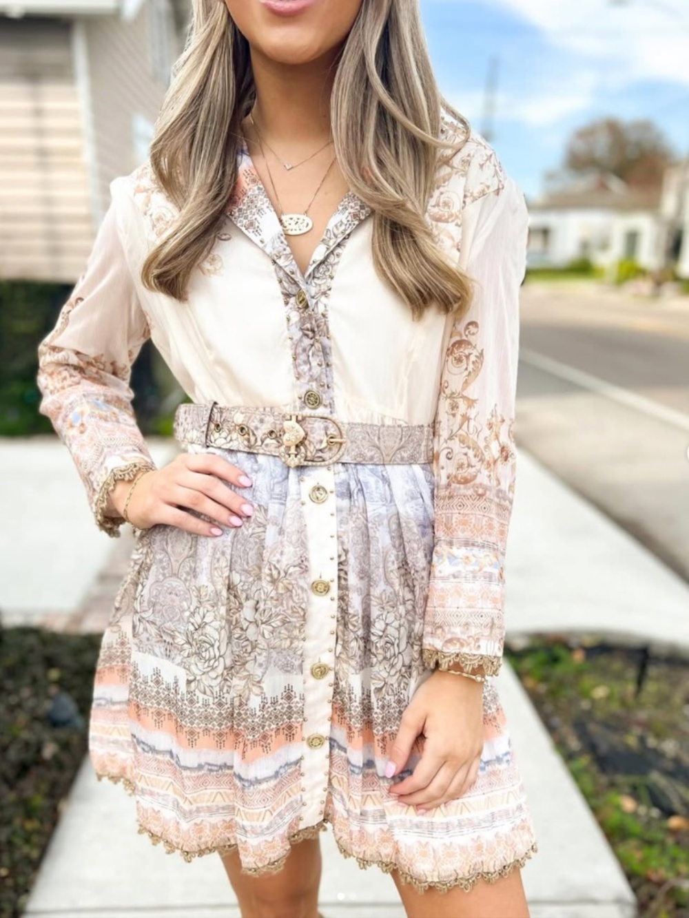 Ina Cream and Peach Printed Mini Dress